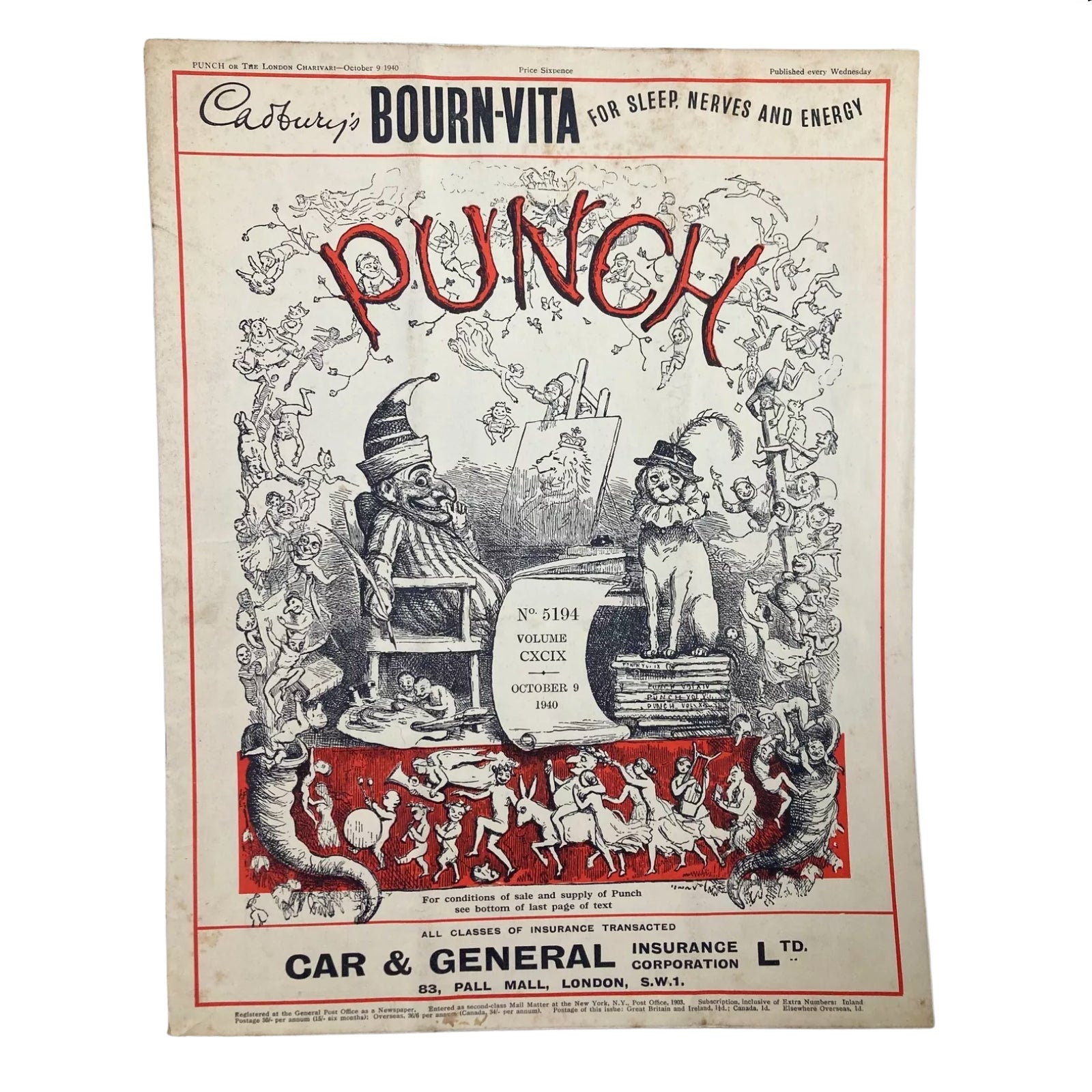 Cover of the Punch Magazine from October 9, 1940, featuring vibrant illustrations and satirical themes, part of the collection titled 'Lot of 10 Punch Magazines (1940) – WWII Era British Satire & Cartoons'.