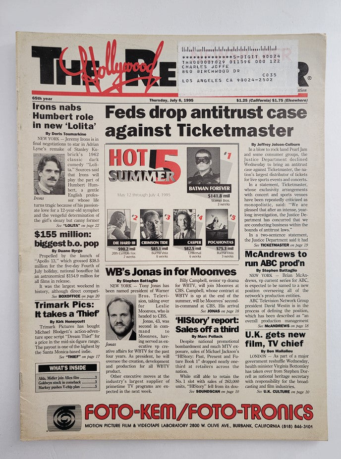 The Hollywood Reporter Magazine from July 6, 1995, featuring an article about Jeremy Irons nabbing the role of Humbert in the new adaptation of 'Lolita'. The magazine cover includes headlines about the entertainment industry at the time, along with rankings of summer film box office successes.