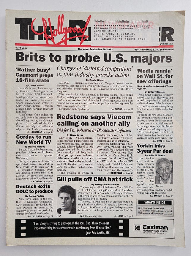 The Hollywood Reporter Magazine September 30 1993 Brits to Probe U.S. Majors