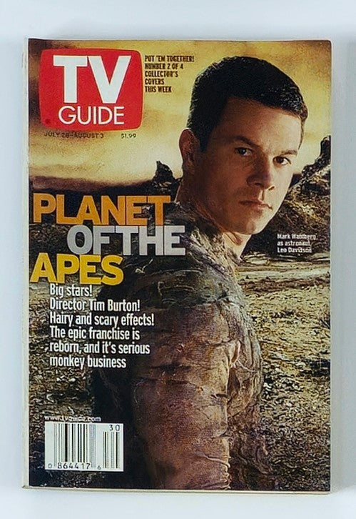 TV Guide Magazine July 28 2001 featuring Mark Wahlberg on the cover, themed with Planet of the Apes. A collectible vintage magazine reflecting early 2000s pop culture and television entertainment.