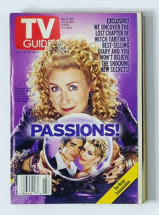 TV Guide Magazine July 7 2001 featuring Juliet Mills on the cover, showcasing vibrant colors and the theme 'Passions'. This vintage issue captures the essence of early 2000s television.