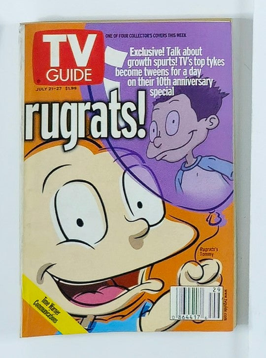 TV Guide Magazine from July 21, 2001 featuring Rugrats' Tommy on the cover, celebrating the iconic animated series with a playful design and vibrant colors, perfect for collectors of early 2000s television memorabilia.