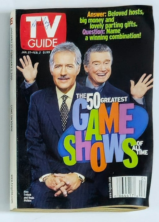 TV Guide Magazine January 27 2001 featuring Alex Trebek and Regis P. Rochester on the cover, highlighting 'The 50 Greatest Game Shows of All Time'.