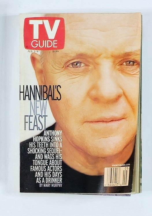 TV Guide Magazine cover from February 3, 2001, featuring Anthony Hopkins. The cover highlights an article titled 'Hannibal's New Feast,' discussing the actor's role and personal anecdotes. A vintage collectible reflecting early 2000s television culture.