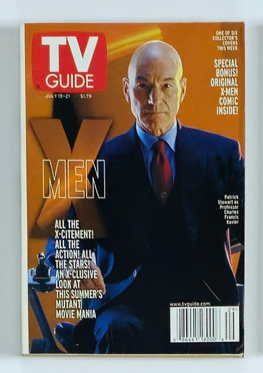 TV Guide Magazine July 15 2000 featuring Patrick Stewart on the cover, highlighting X-Men and television insights from the early 2000s.