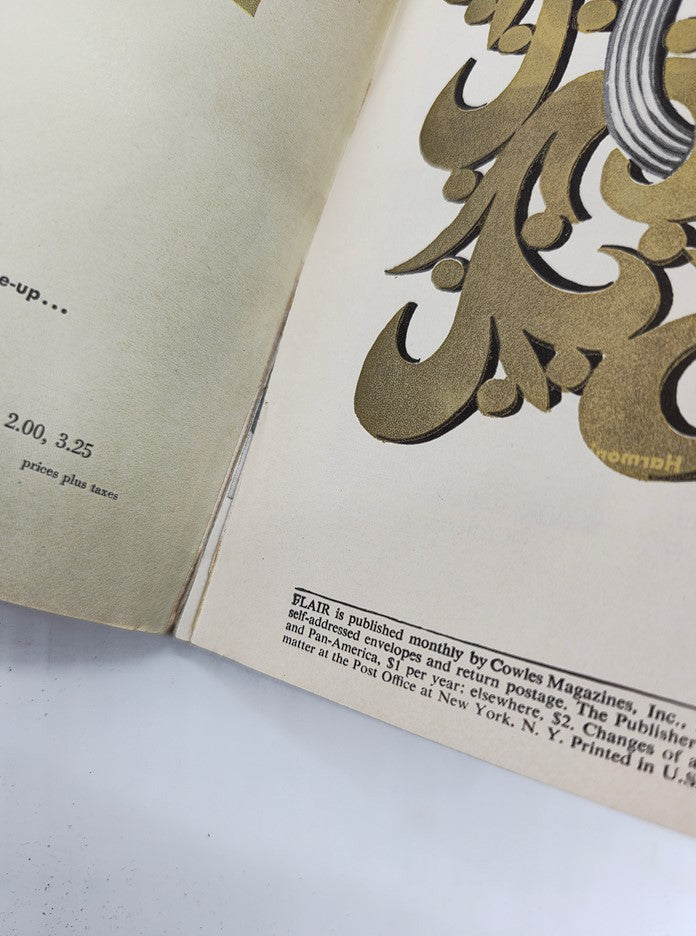 Interior page of VTG Flair Magazine May 1950 featuring publication information with elegant design elements. Article titled 'The Flower of Flowers' by Katherine Anne Porter showcased.