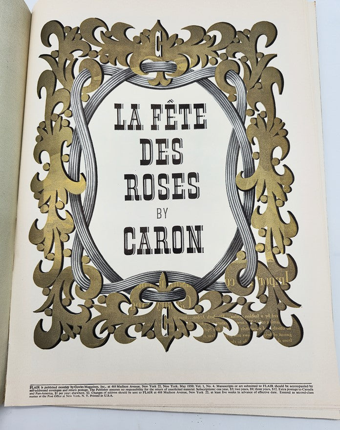 Title page of VTG Flair Magazine May 1950 showcasing 'LA FÊTE DES ROSES by CARON' with ornate golden floral designs.