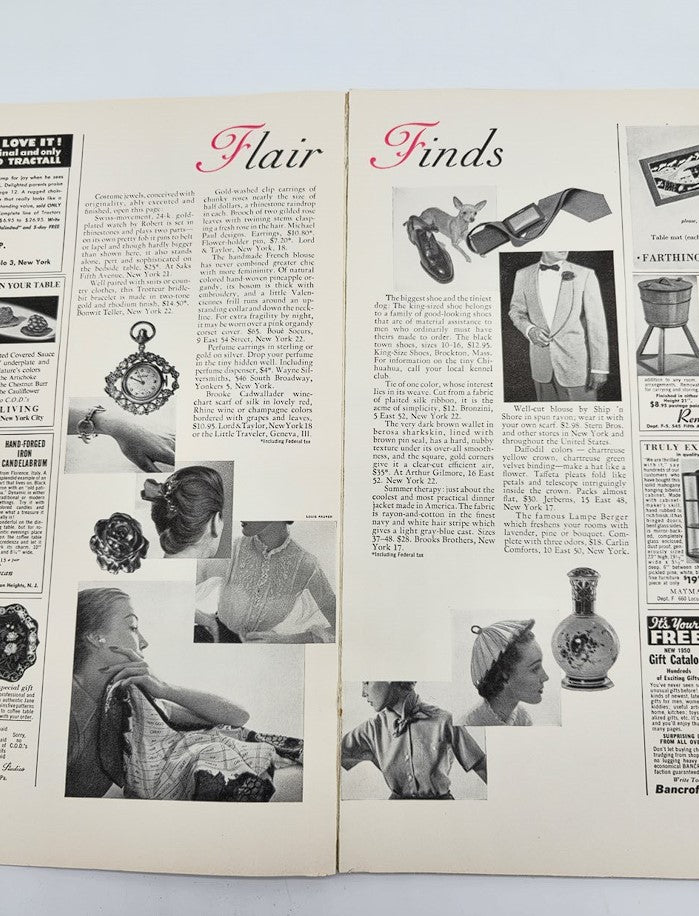 Flair Finds section of VTG Flair Magazine May 1950 displaying various fashion accessories and styles in a vintage collage format.