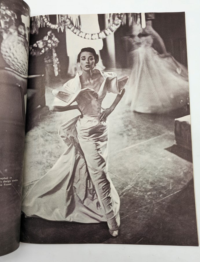 Black and white fashion photograph from VTG Flair Magazine May 1950 featuring a model in an elegant satin dress.