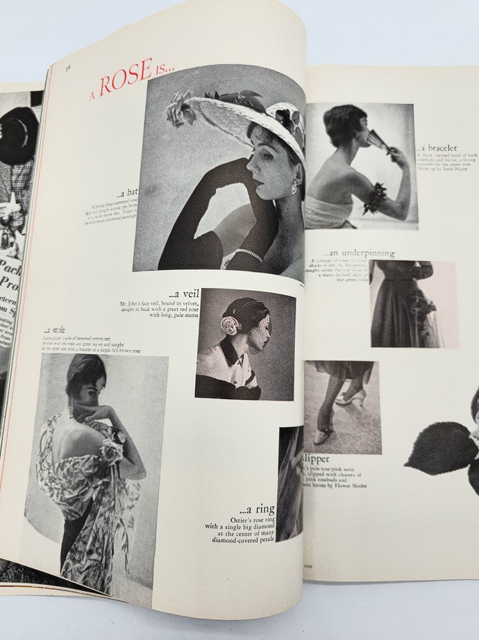 Fashion collage illustration from VTG Flair Magazine May 1950 showcasing accessories and styles under the heading 'A Rose is...'.