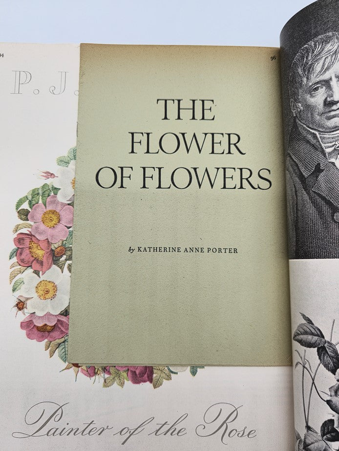 Title page for 'The Flower of Flowers' by Katherine Anne Porter in VTG Flair Magazine May 1950, featuring floral designs.