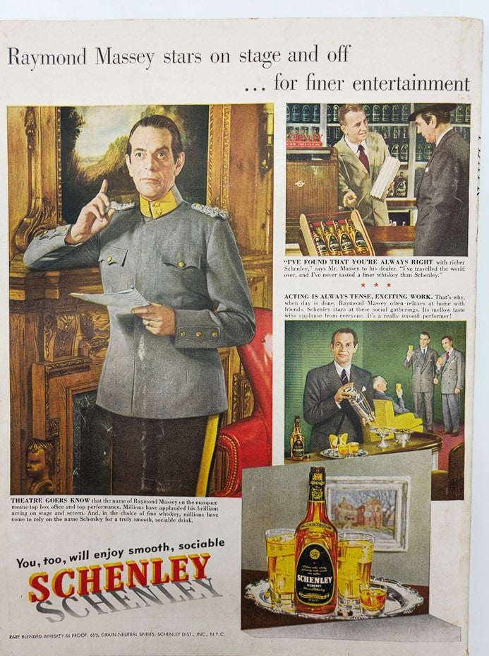 Advertisement featuring Raymond Massey from VTG Flair Magazine May 1950 The Flower of Flowers, promoting Schenley whiskey with images of the actor and detailing his stage career.