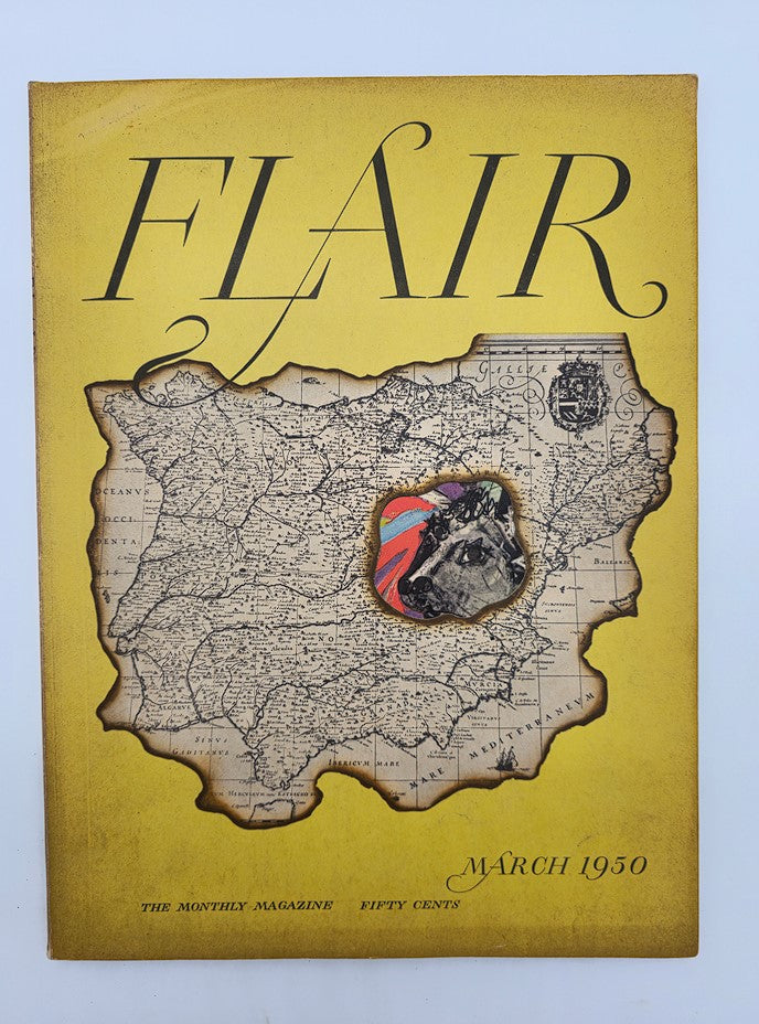 Cover of VTG Flair Magazine March 1950 titled 'Flair,' featuring a vintage design with a map background and artistic elements, embodying the theme 'First in Flight.'