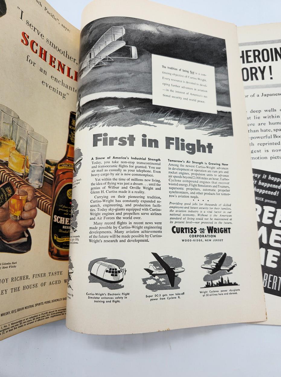Interior page of VTG Flair Magazine March 1950 showcasing an article titled 'First in Flight,' highlighting aviation advancements and historical context, accompanied by illustrations and advertising.