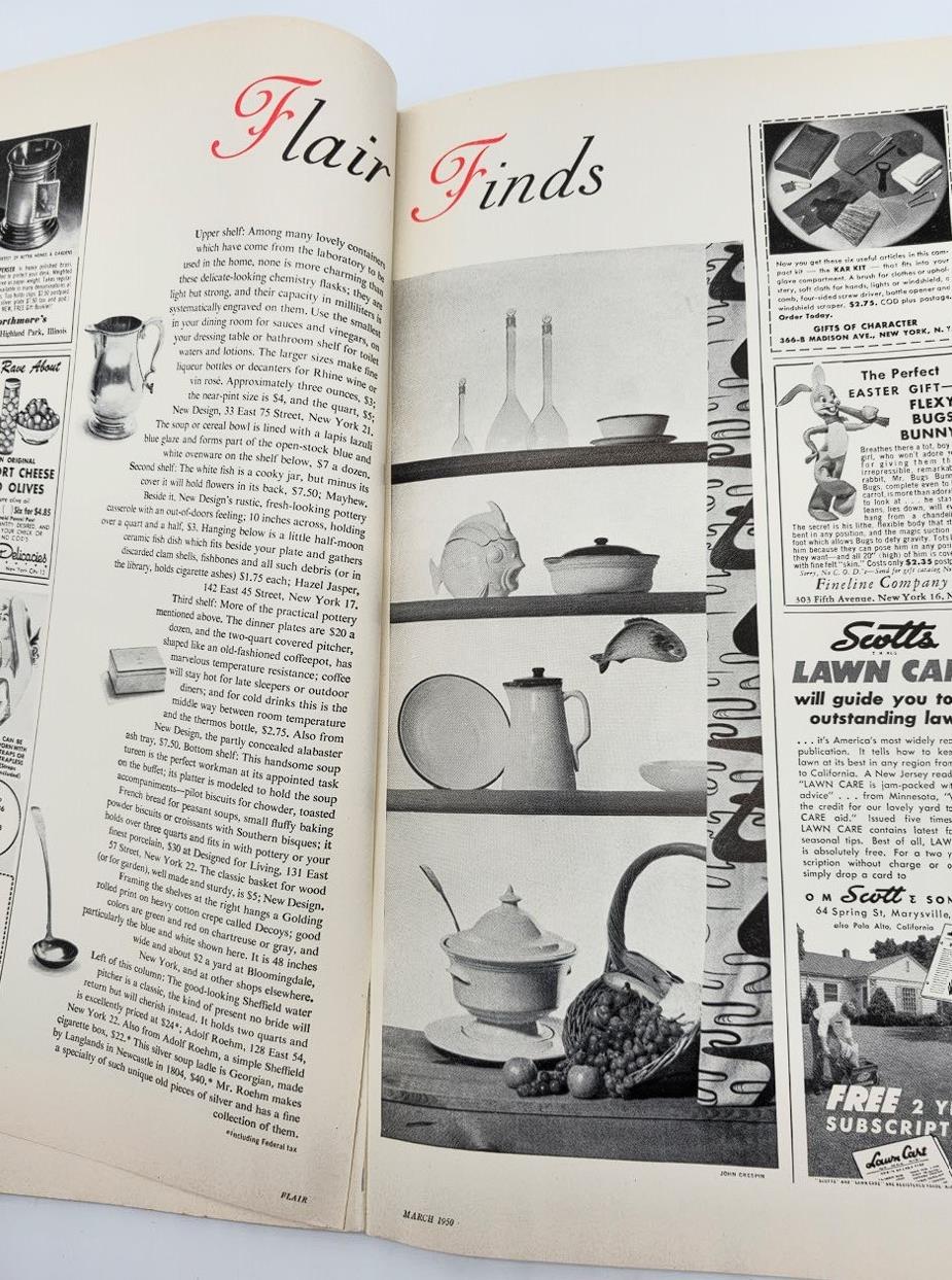Interior page of VTG Flair Magazine March 1950 titled 'Flair Finds', showcasing mid-century design and kitchenware with black and white illustrations.