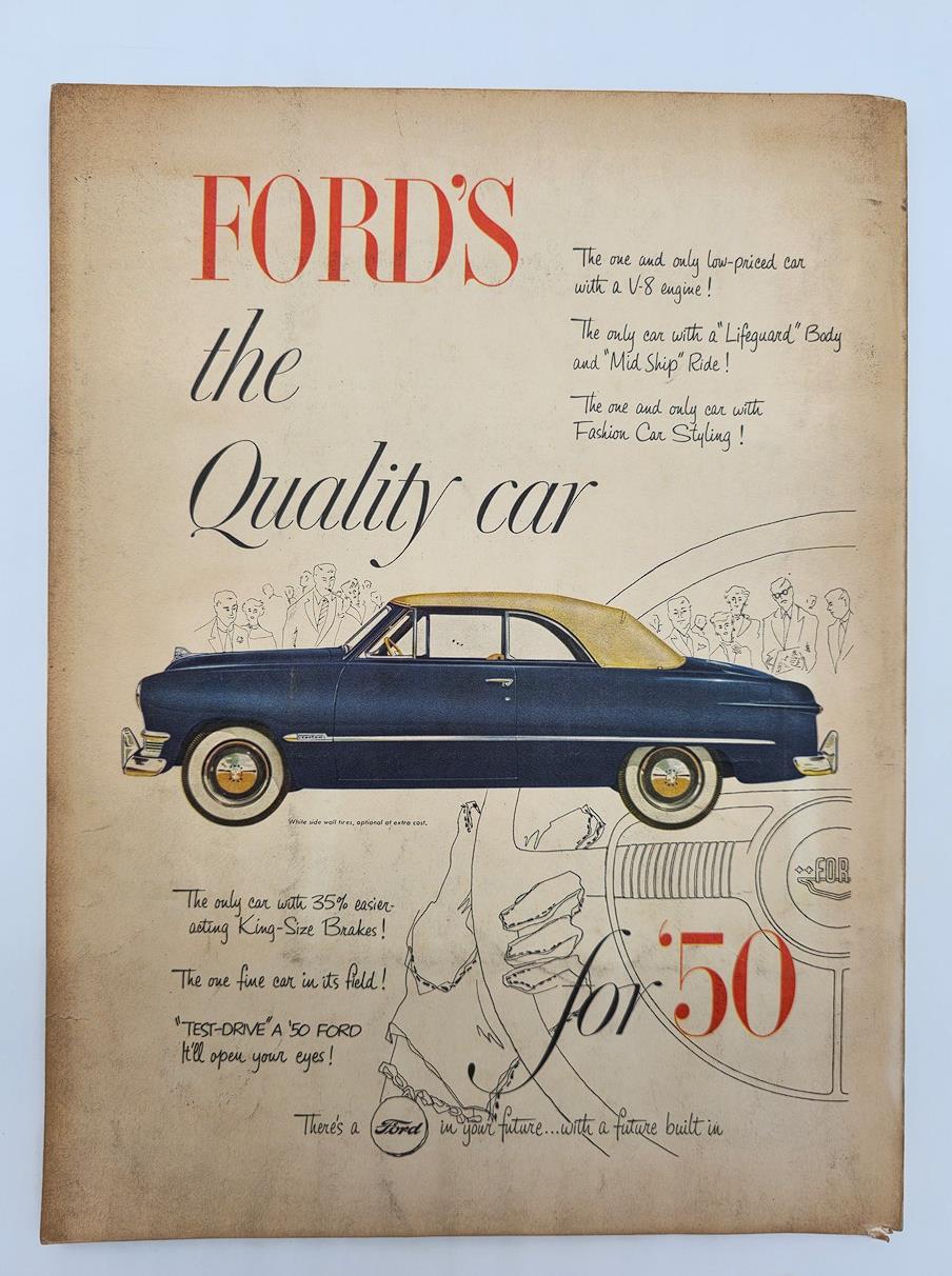 Advertorial page from VTG Flair Magazine March 1950 featuring a vintage Ford car advertisement, highlighting its qualities and features of the 1950 model.