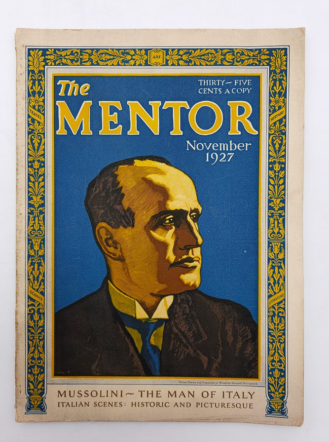 The Mentor Magazine cover from November 1927, featuring Benito Mussolini titled 'Mussolini - The Man of Italy'. A vintage illustration with vibrant colors highlighting Mussolini's profile.