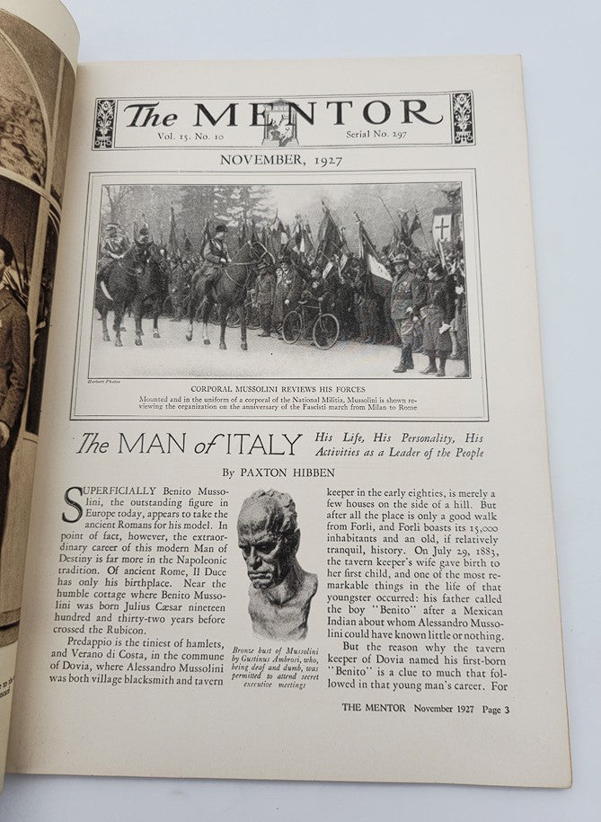 Inside page of The Mentor Magazine, November 1927, showcasing an article titled 'The Man of Italy' by Paxton Hibben. This page includes historical imagery of horses and soldiers related to Mussolini.