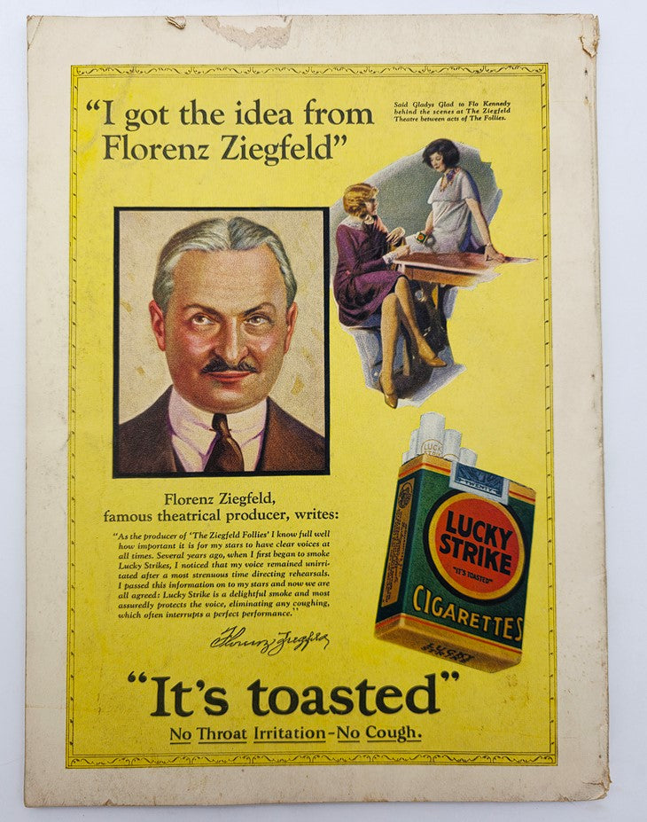 Back cover of The Mentor Magazine, November 1927, featuring an advertisement for Lucky Strike Cigarettes and an illustration of Florenz Ziegfeld, with the tagline 'It's toasted'.