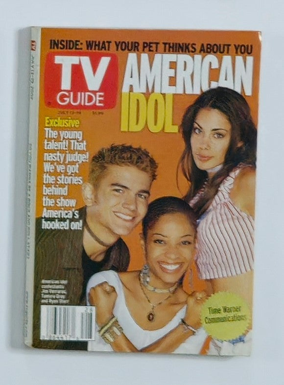 TV Guide Magazine July 13 2002 featuring Jim Verraros and Tamara Gray, showcasing a vintage cover with a vibrant design and exclusive content about American Idol.