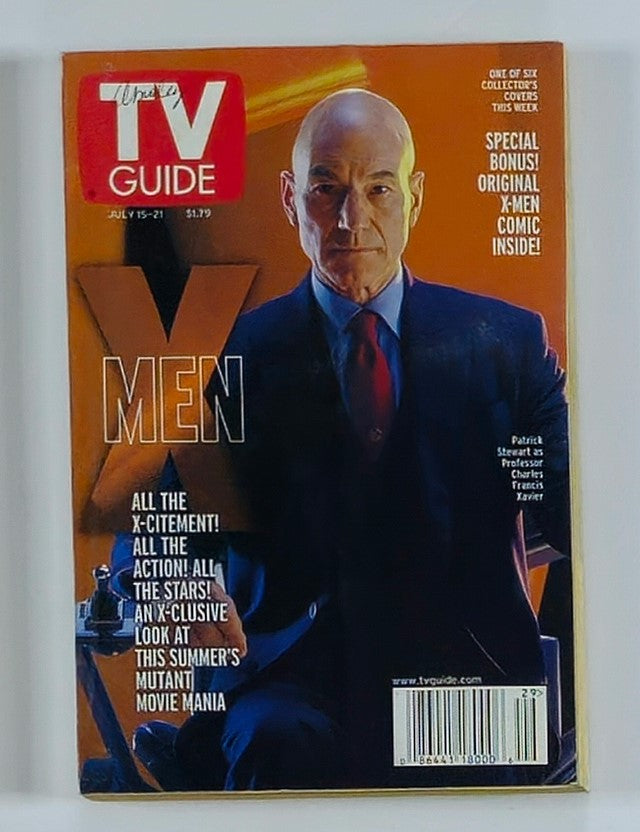 TV Guide Magazine July 15 2000 featuring Patrick Stewart as Professor Charles Xavier, highlighting X-Men with a detailed cover design showcasing the magazine's vintage appeal.