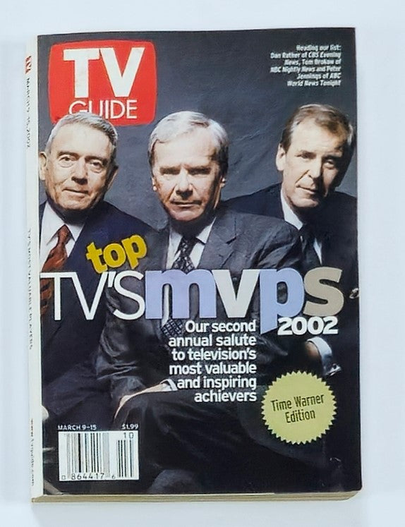 TV Guide Magazine cover from March 9, 2002, featuring notable television journalists Dan Rather, Tom Brokaw, and another anchor. This vintage issue highlights top TV personalities and their impact on media history.
