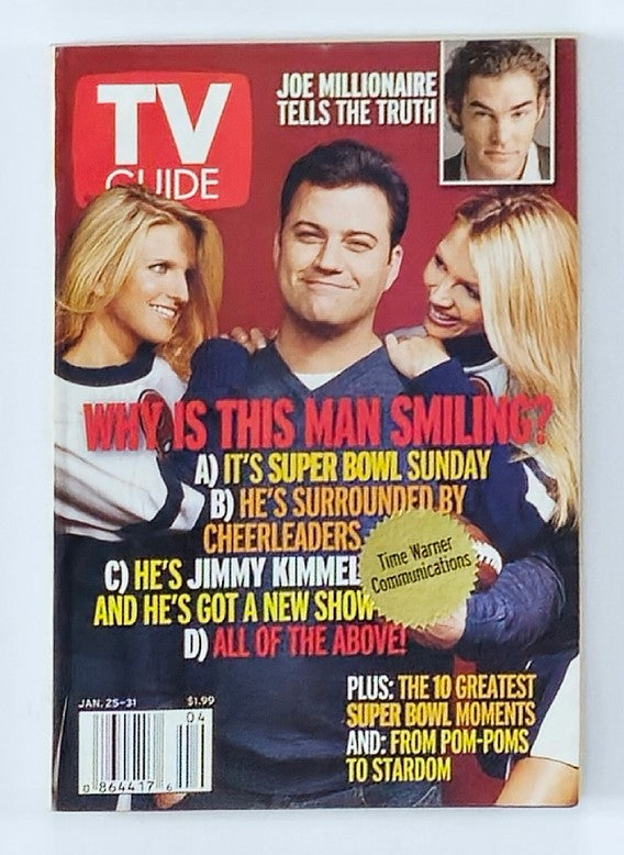Cover of TV Guide Magazine January 25 2003 featuring comedian Jimmy Kimmel smiling; includes questions about his appearance and highlights of the issue.
