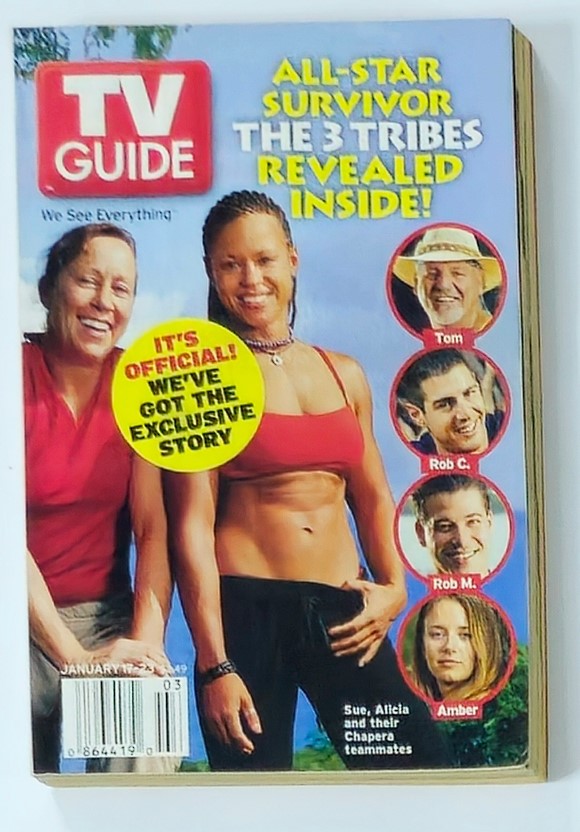 Cover of TV Guide Magazine dated January 17, 2004, featuring the title and highlights from the issue, including Sue and Alicia from Survivor along with Tom, Rob C., Rob M., and Amber. This Western NY State edition showcases television personalities and entertainment topics from the early 2000s.