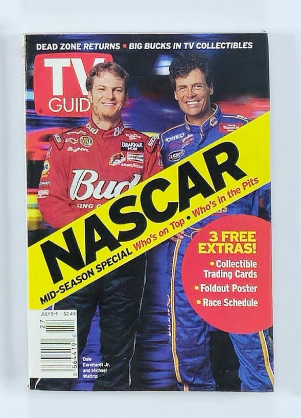 TV Guide Magazine July 5 2003 featuring NASCAR drivers Dale Earnhardt and Michael Waltrip on the cover. Highlighting a mid-season special with 'NASCAR' bolded, this collectible magazine includes details about trading cards and a race schedule, offering a nostalgic glimpse into the world of racing and television history.