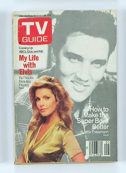 Cover of TV Guide Magazine from January 30, 1988, featuring Priscilla Presley and Elvis Presley, highlighting 'My Life with Elvis' by Priscilla Presley.