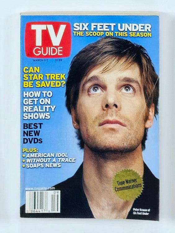 Cover of TV Guide Magazine March 1 2003 featuring Peter Krause, highlighting his role in Six Feet Under, with a focus on television shows of the era and pop culture history.
