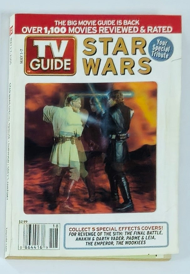 TV Guide Magazine cover from May 1, 2005 featuring 'Revenge of the Sith' edition with characters Anakin and Darth Vader in an epic lightsaber duel, highlighting Star Wars culture. Western NY State edition.