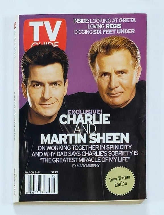 TV Guide Magazine March 2 2002 featuring Charlie and Martin Sheen on the cover, highlighting their collaboration and insights into television history.