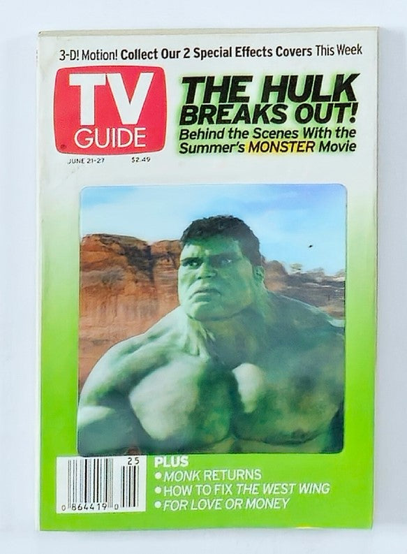 Cover of TV Guide Magazine from June 21, 2003, featuring The Hulk Breaks Out, highlighting behind-the-scenes insights of the summer's monster movie.