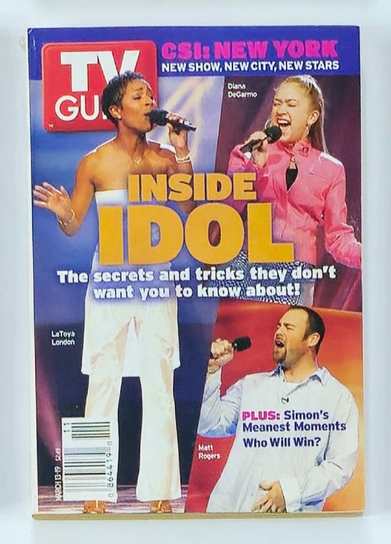 TV Guide Magazine from March 13, 2004, featuring LaToya London on the cover, showcasing highlights from American Idol with a focus on the show’s contestants, including a vibrant image of LaToya singing.