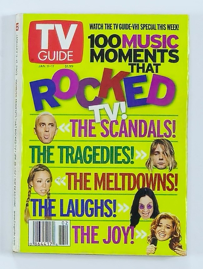 TV Guide Magazine January 11 2003 cover featuring Eminem and Mariah Carey, highlighting 100 music moments that rocked TV, including scandals, tragedies, and laughs.