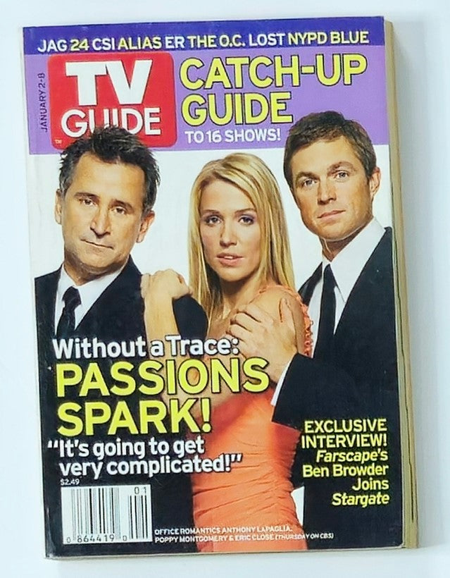 Cover of TV Guide Magazine dated January 2, 2005, featuring Anthony LaPaglia, along with the tagline "Catch-Up Guide to 16 Shows!" Highlights include an exclusive interview with Ben Browder from Farscape. The magazine showcases a sleek design with a focus on TV shows and entertainment trends of the time.