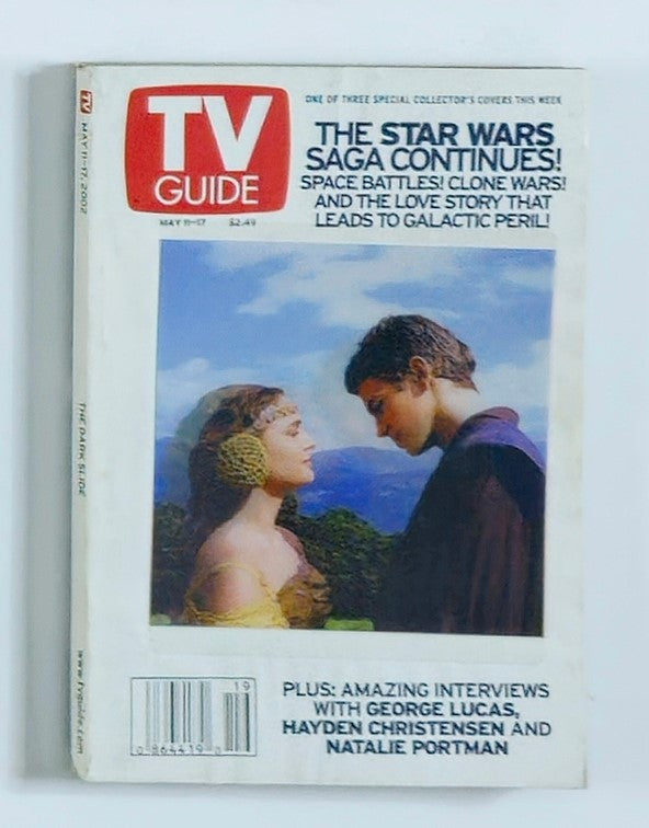 Cover of TV Guide Magazine from May 11, 2002, featuring Natalie Portman and Hayden Christensen with the headline 'The Star Wars Saga Continues!'. This vintage magazine captures the excitement of early 2000s television and entertainment culture.