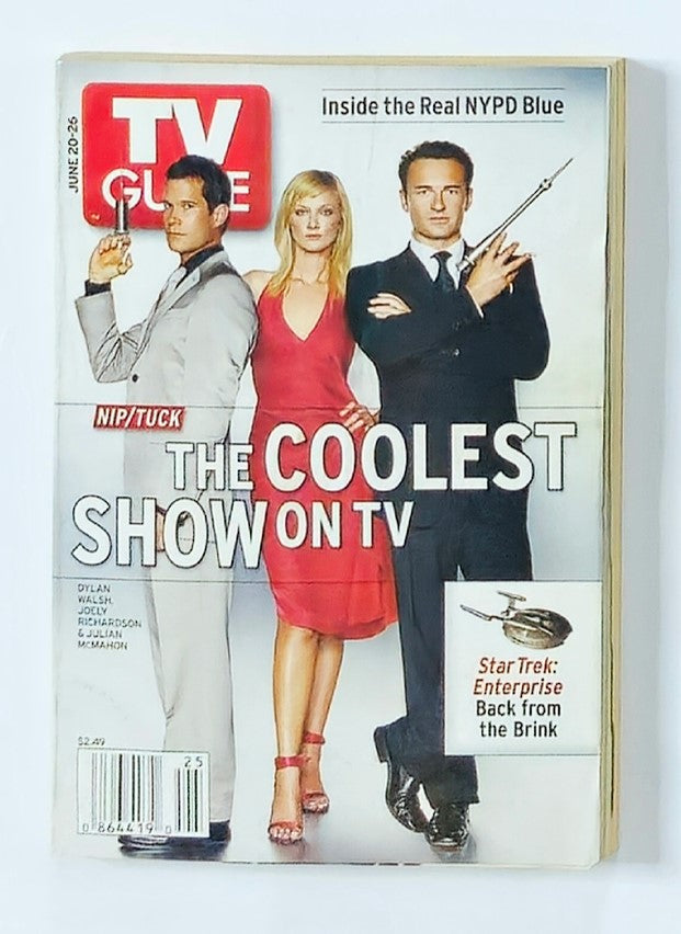 TV Guide Magazine cover from June 20, 2004 featuring Dylan Walsh and cast of Nip/Tuck, highlighting 'The Coolest Show on TV'. Vintage magazine for collectors showcasing early 2000s television trends.