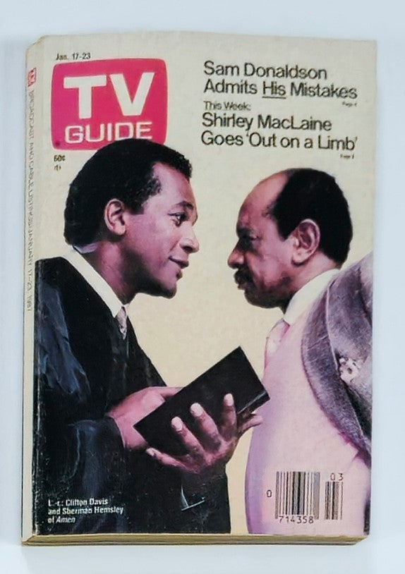Cover of TV Guide Magazine January 17, 1987, featuring Clifton Davis and Sherman Hemsley from the show Amen. The cover highlights articles including Sam Donaldson admitting his mistakes and Shirley MacLaine's feature.