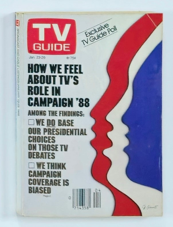 Cover of TV Guide Magazine January 23 1988 featuring an article titled 'How We Feel About TV's Role in Campaign '88'. The cover includes graphics depicting silhouettes of faces in red and blue with text highlighting survey findings related to television's influence on presidential choices and perceptions of campaign coverage.