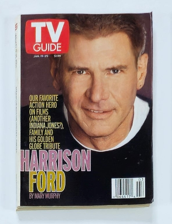 TV Guide Magazine January 19 2002 featuring Harrison Ford on the cover, showcasing the iconic Hollywood actor in a close-up portrait, reflecting the nostalgia of early 2000s television and celebrity culture.