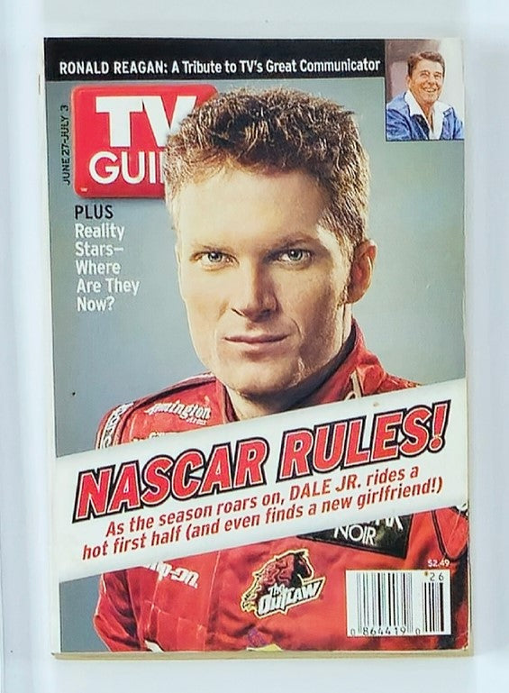 Cover of TV Guide Magazine June 27, 2004 featuring Dale Earnhardt Jr. in a red racing suit, holding a confident pose with the text 'NASCAR RULES!' highlighting his prominence in motorsports.