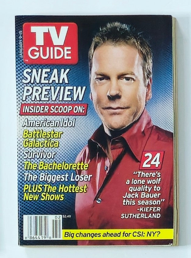 TV Guide Magazine January 9 2005 featuring Jack Bauer on the cover, highlighting shows like 'American Idol' and 'Survivor', with a sneak preview of '24'. This vintage edition represents early 2000s television culture.