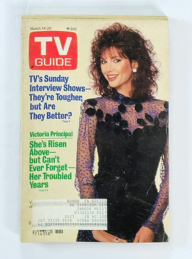 TV Guide Magazine March 14 1987 featuring Victoria Principal from Dallas, showcasing her in a stylish black dress with a sheer sleeve design on the cover.
