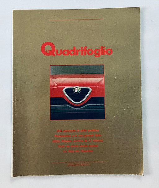 1990s Alfa Romeo Quadrifoglio Dealer Showroom Sales Brochure showcasing the iconic Quadrifoglio logo and design elements. Ideal for collectors and automotive enthusiasts.