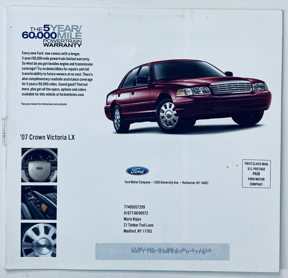 Back cover of the 2007 Ford Crown Victoria LX Dealer Showroom Sales Brochure displaying warranty information and stylish vehicle design.