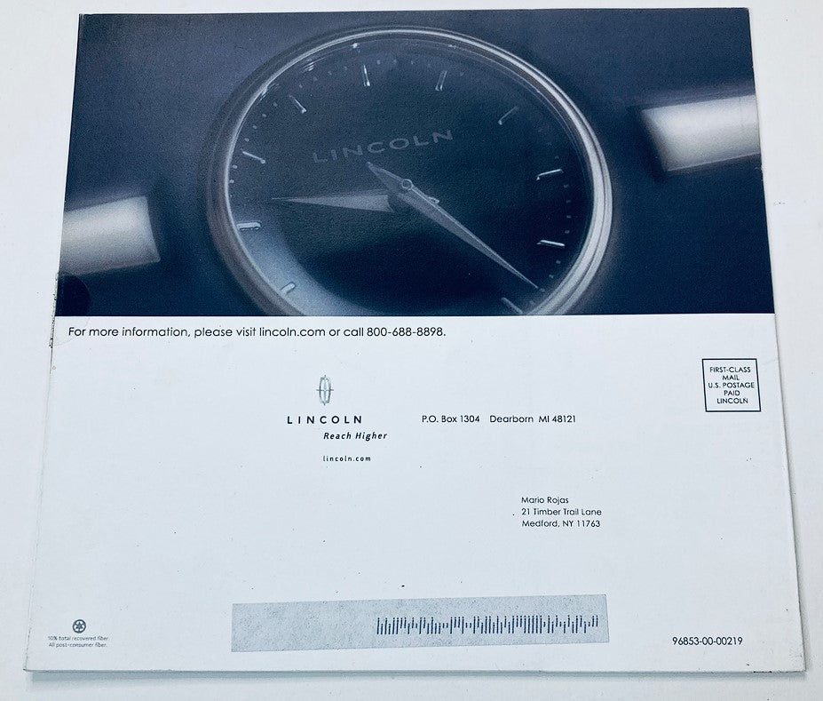 Back cover of the 2007 Lincoln Town Car Dealer Showroom Sales Brochure featuring a close-up of the car's interior clock and contact information for inquiries.