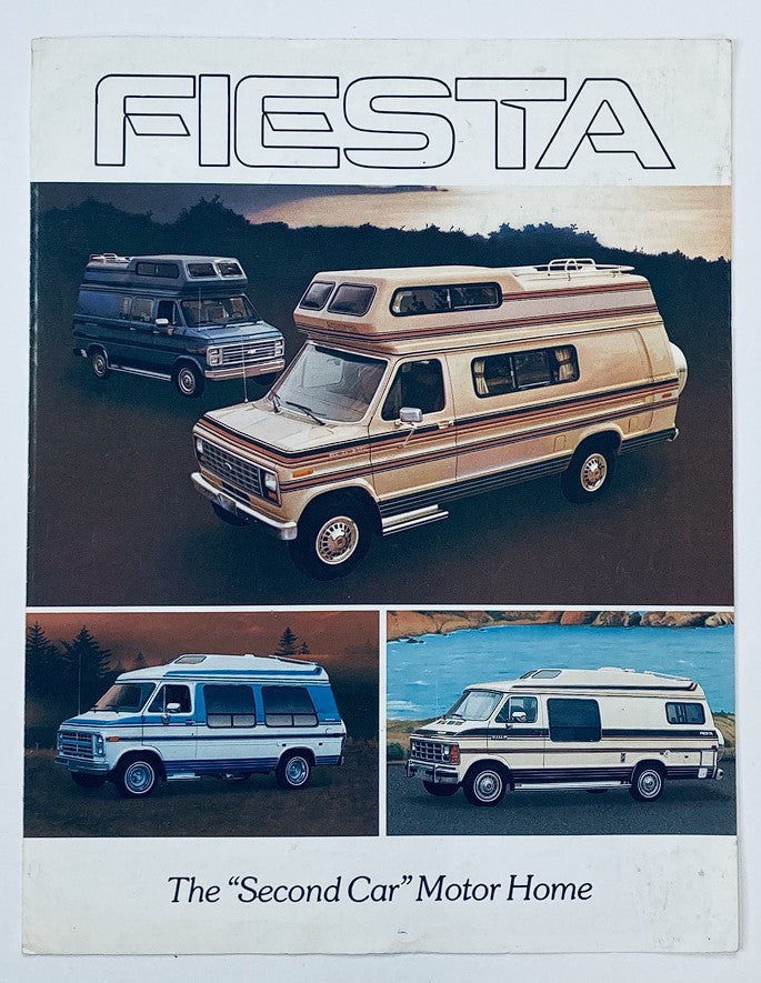 1980s Ford E150 Dealer Showroom Sales Brochure featuring the Fiesta Motor Home with images of different models showcasing their design and styling.