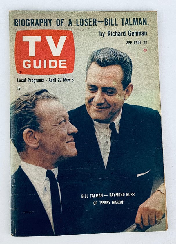 TV Guide Magazine April 27 1963 Bill Talman Raymond Burr Central IN Ed. No Label